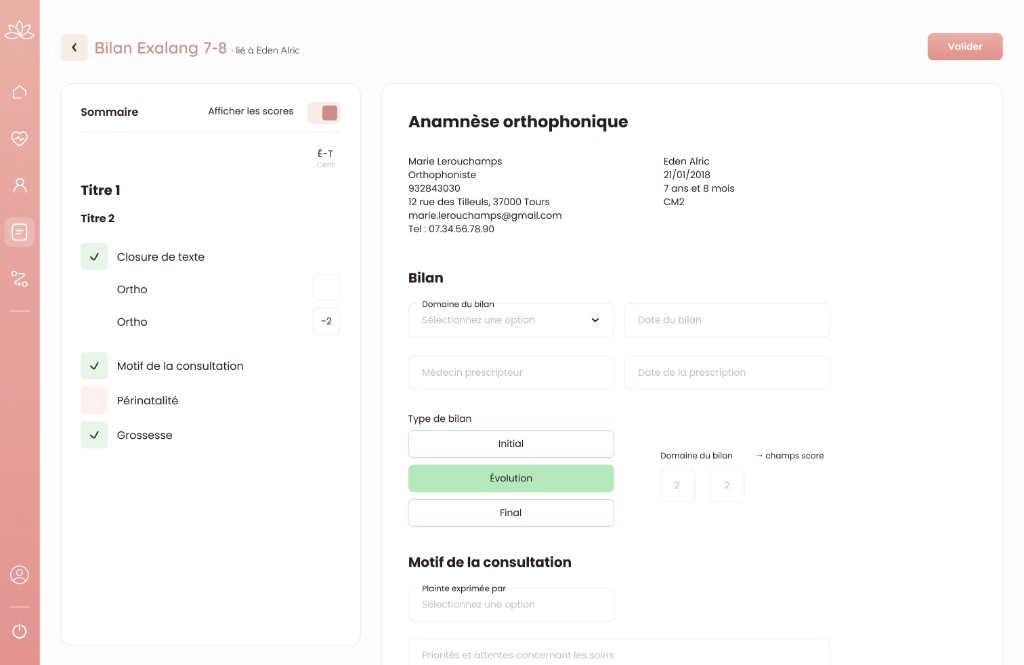 Capture de remplissage d'une fiche bilan dans CAB